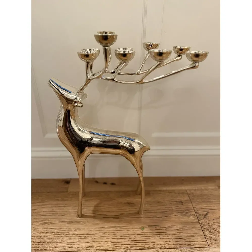 Large Silver Plate Pottery Barn Reindeer Candelabra 10 Points Stands 20